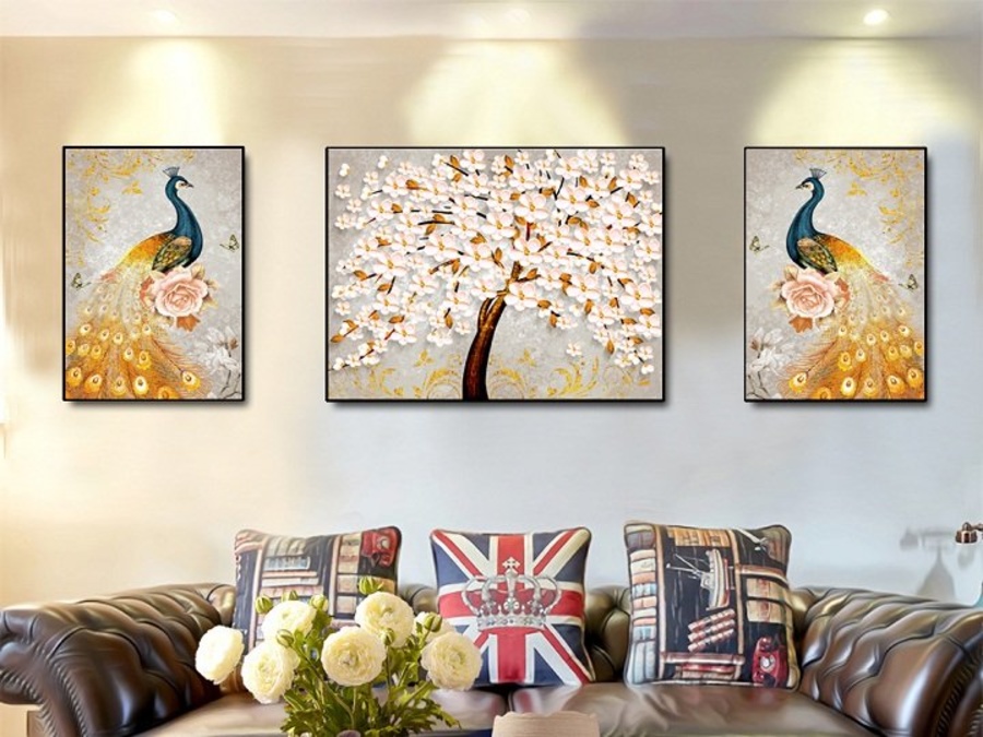 Tranh treo tường nghệ thuật chim công và hoa anh đào (A-032)