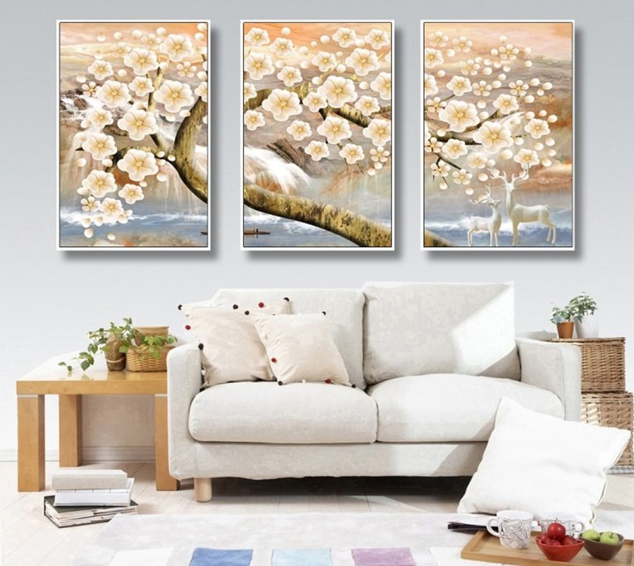 Tranh treo tường nghệ thuật anh đào và đôi hươu (A-123)