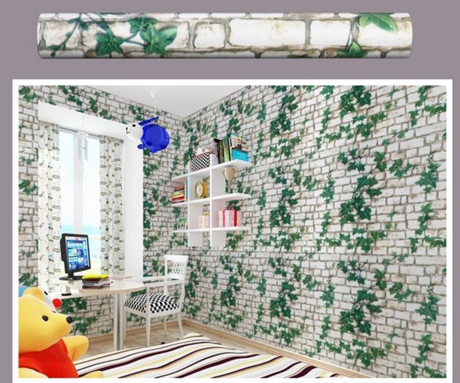 Combo giấy decal cuộn giả gạch trắng dây leo xanh khổ 0,45x5m