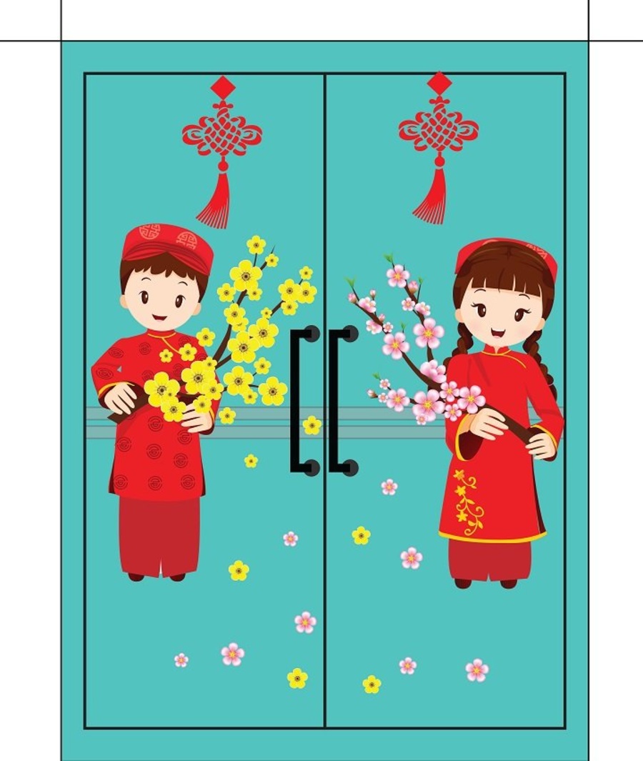 Decal bé và hoa chúc tết