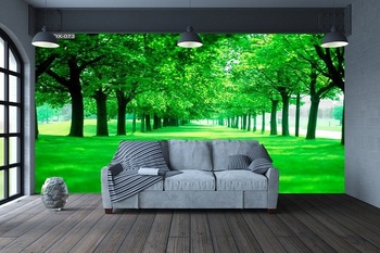 Tranh Dán Tường Hàng Cây Xanh Trên Bãi Cỏ