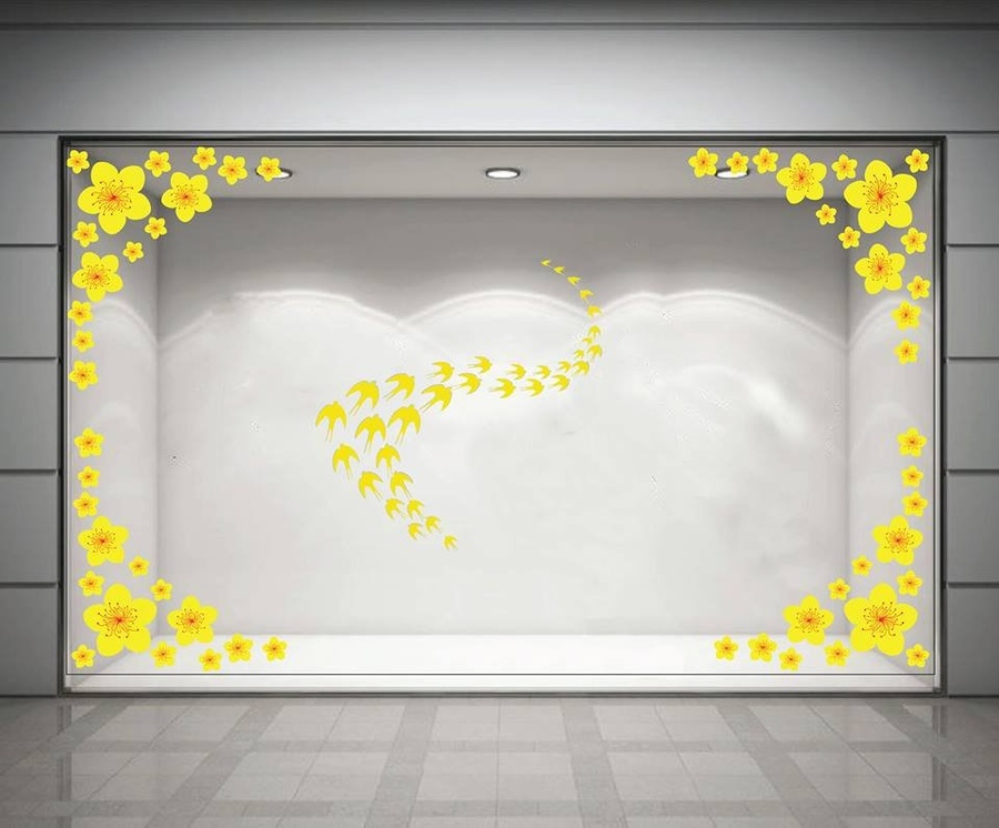 Decal trang trí tết mai vàng và chim én đón xuân