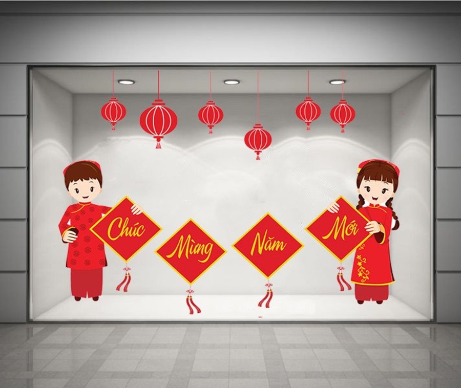 Decal Bé Mặc Áo Dài Đỏ Chúc Tết size 80x120cm