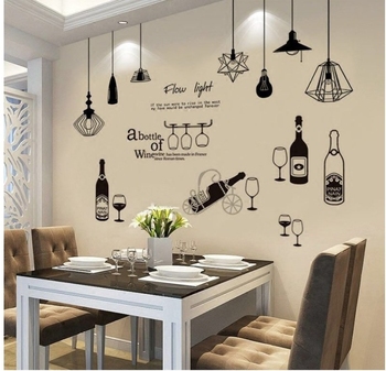Combo decal dán tường chùm đèn trắng đen và chai rượu to