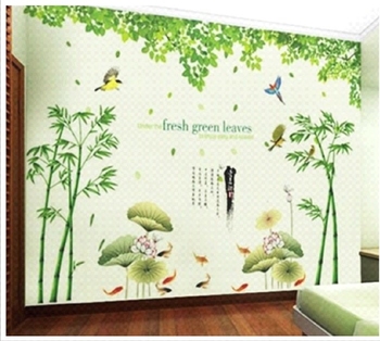 Decal dán tường combo giàn cây bóng mát hai bụi trúc xanh đầm sen to 2
