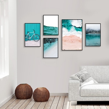 Bộ Tranh Treo Tường Phong Cảnh Biển Xanh Và Xe Đạp (HG)