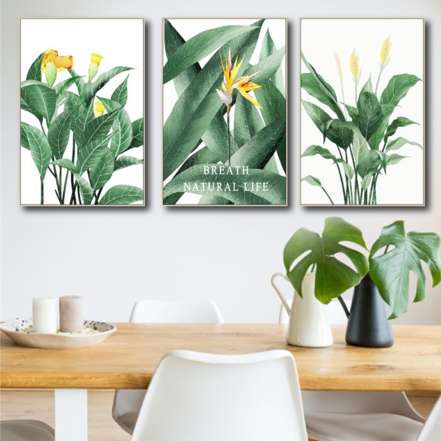 Tranh treo tường hoa vàng và lá xanh nghệ thuật