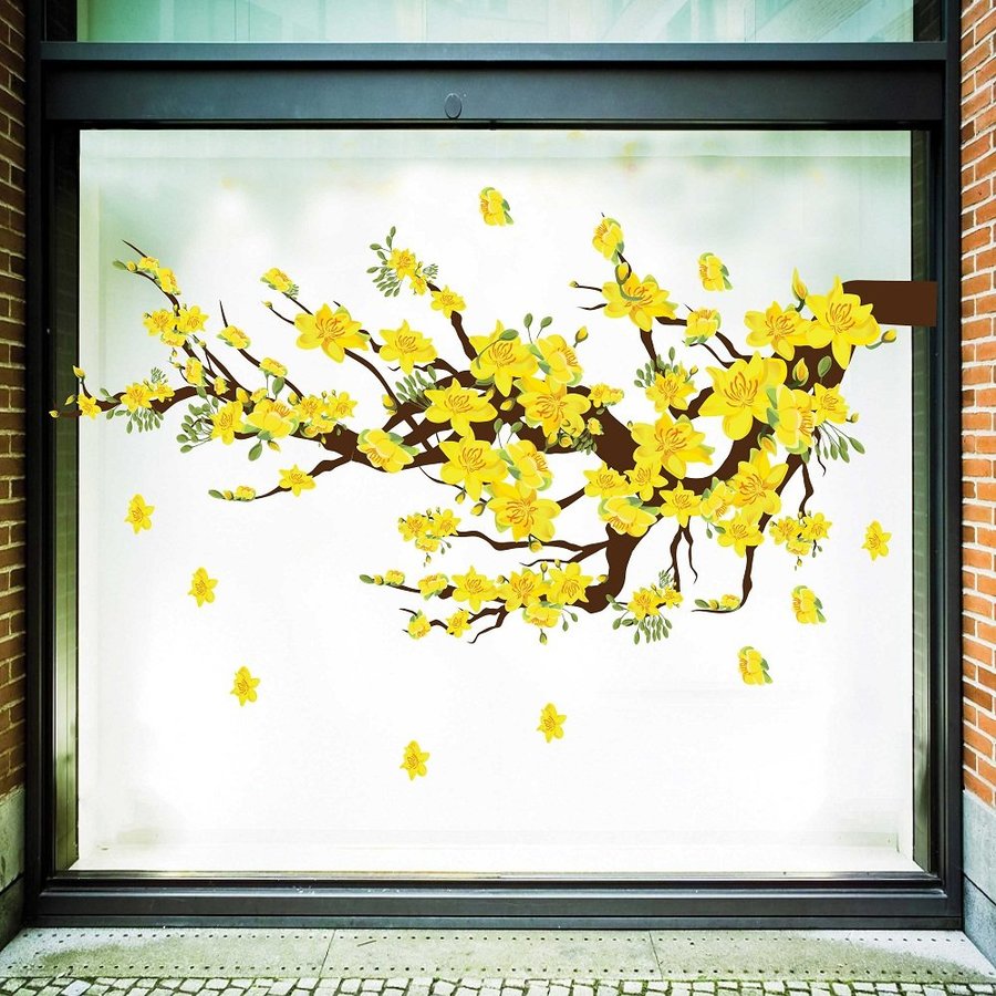 Decal Trang Trí Tết Cành Mai Vàng Nở Rộ