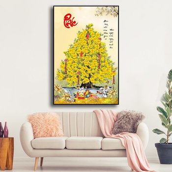 Tranh treo tường mai vàng nở rộ và chữ phúc đỏ