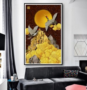 Tranh Treo Tường 3D Hạc Trắng Trên Trời Đêm Dát Vàng (HG)