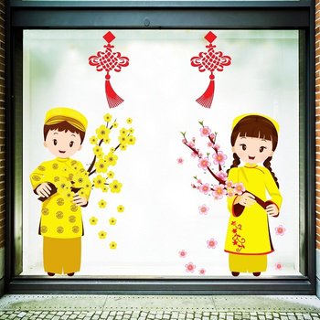 Decal trang trí tết bé cầm hoa chúc tết