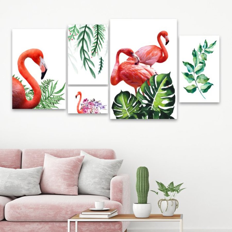 Tranh Treo Tường 3D Hạc Hồng Và Lá Xanh