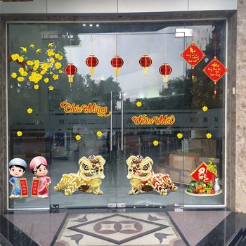 Combo decal trang trí tết lân vàng đón xuân