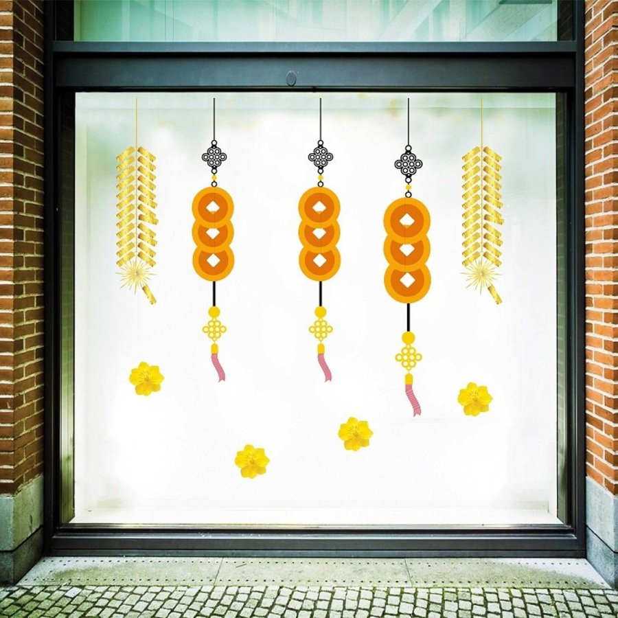 Decal trang trí tết pháo tết và tiền vàng