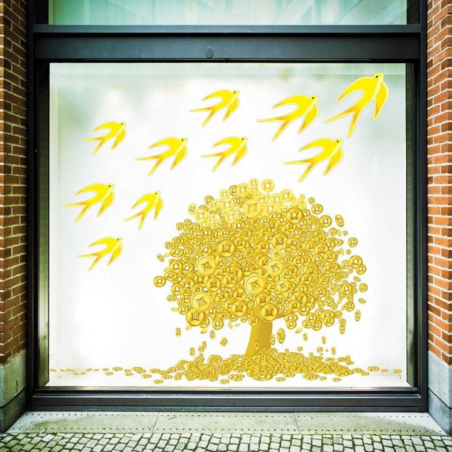 Decal trang trí tết cây đồng tiền và én vàng
