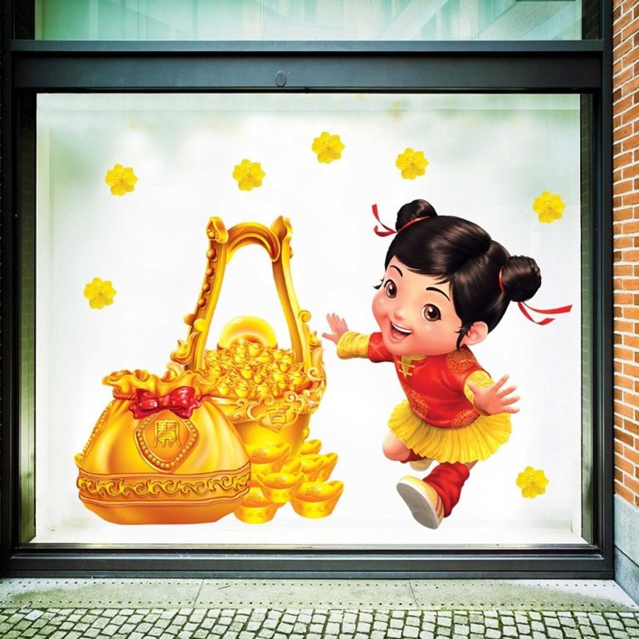 Decal trang trí tết bé và túi vàng
