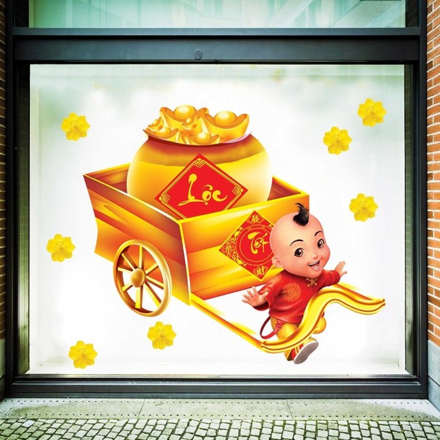 Decal trang trí tết bé và xe tiền vàng