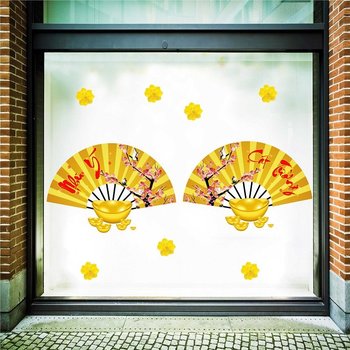 Decal trang trí tết quạt như ý vàng