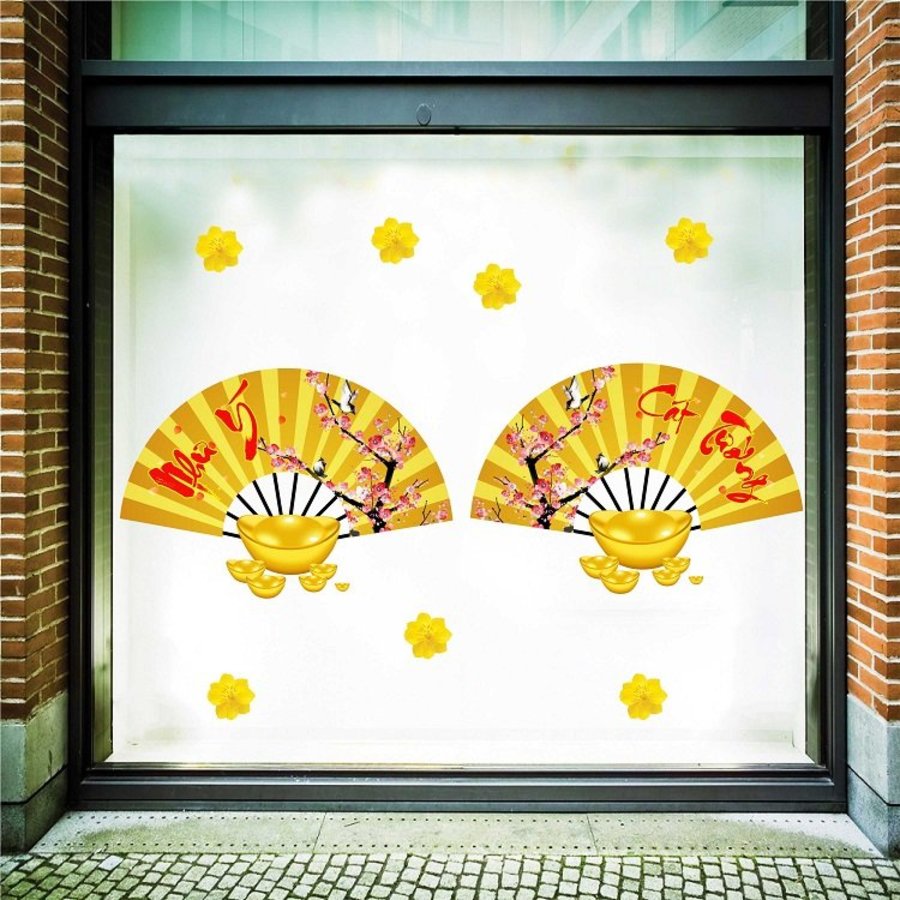 Decal trang trí tết quạt như ý vàng