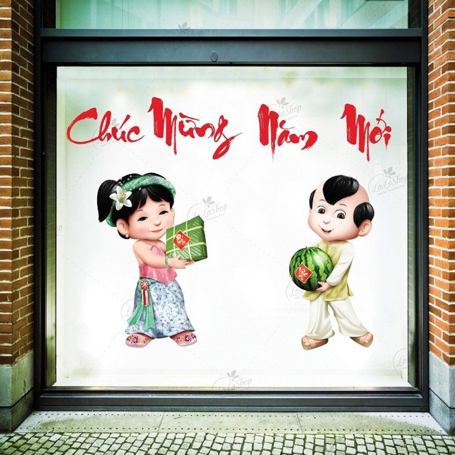Decal Tết Hai Bé Cầm Bánh Chưng Xanh Bên Dưa Hấu Đỏ