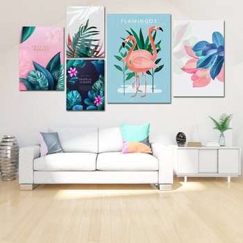 Tranh treo tường hồng hạc và lá nhiệt đới