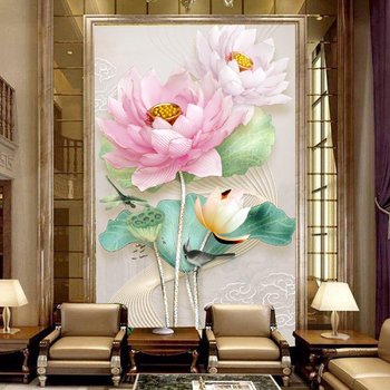 Tranh dán tường sen hồng nhụy vàng 3D