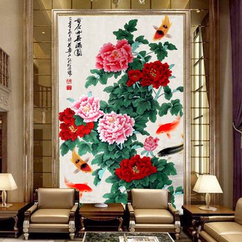 tranh dán tường cá và hoa 3D 2