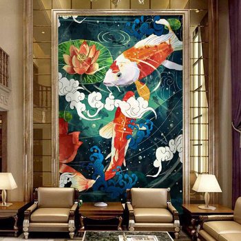 Tranh dán tường 3D cá và hoa sen