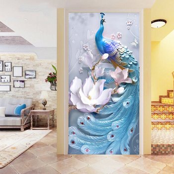 Tranh dán tường chim công xanh 3D