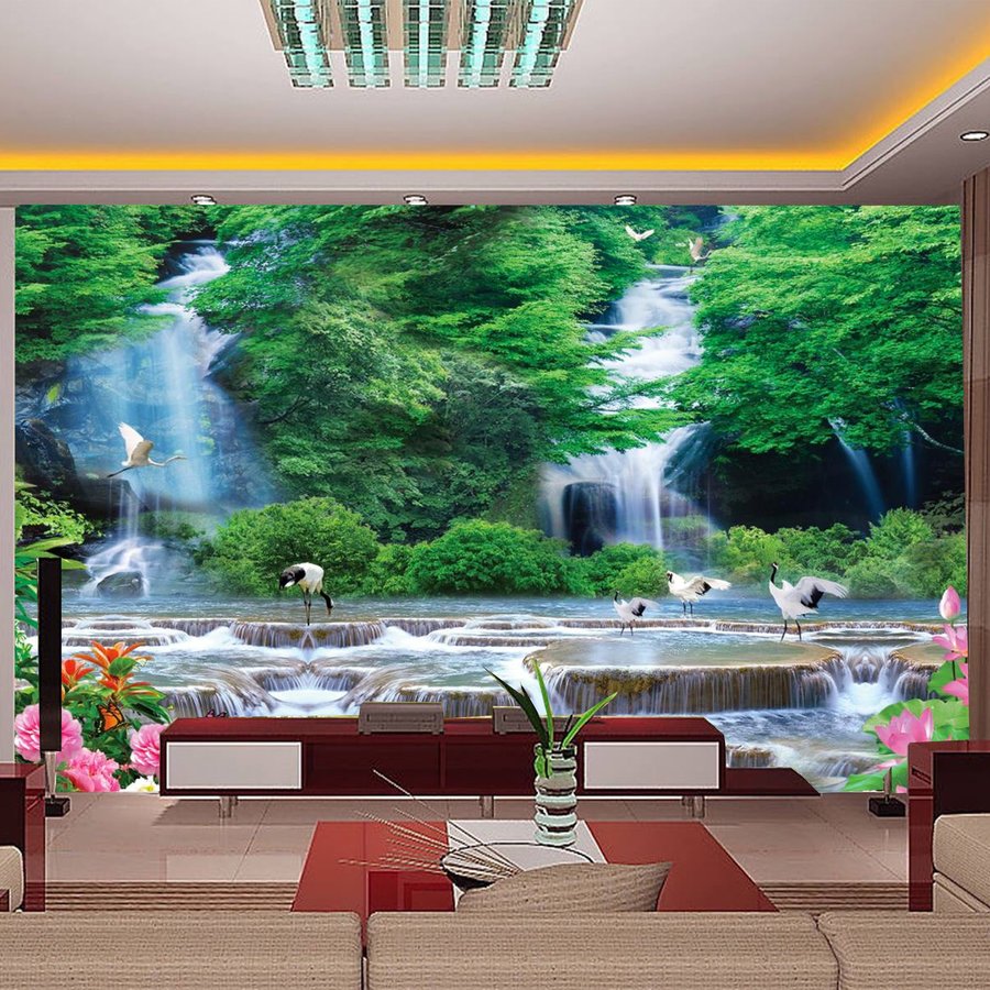 tranh dán tường đàn hạc bên thác