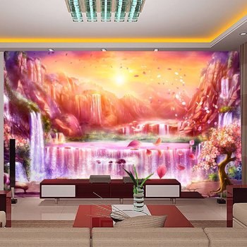 Tranh dán tường 3D Thác nước và hoàng hôn