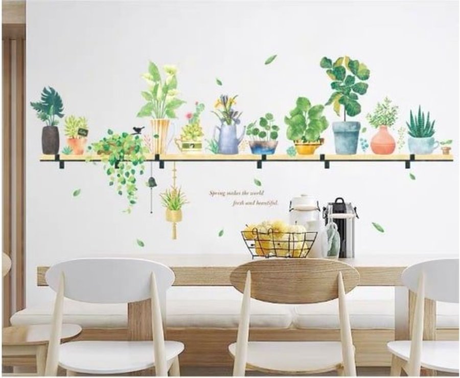 Decal treo tường kệ gỗ và chậu cây xanh