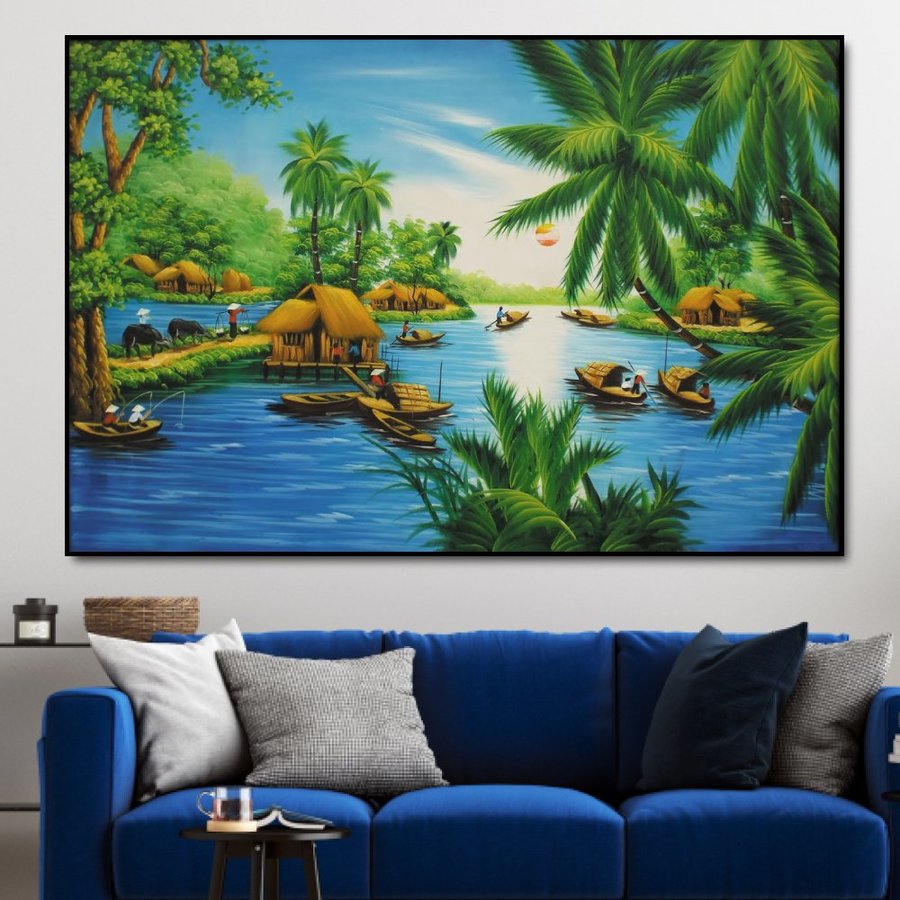 Tranh Treo Tường Phong Cảnh Làng Quê Sông Nước Thanh Bình