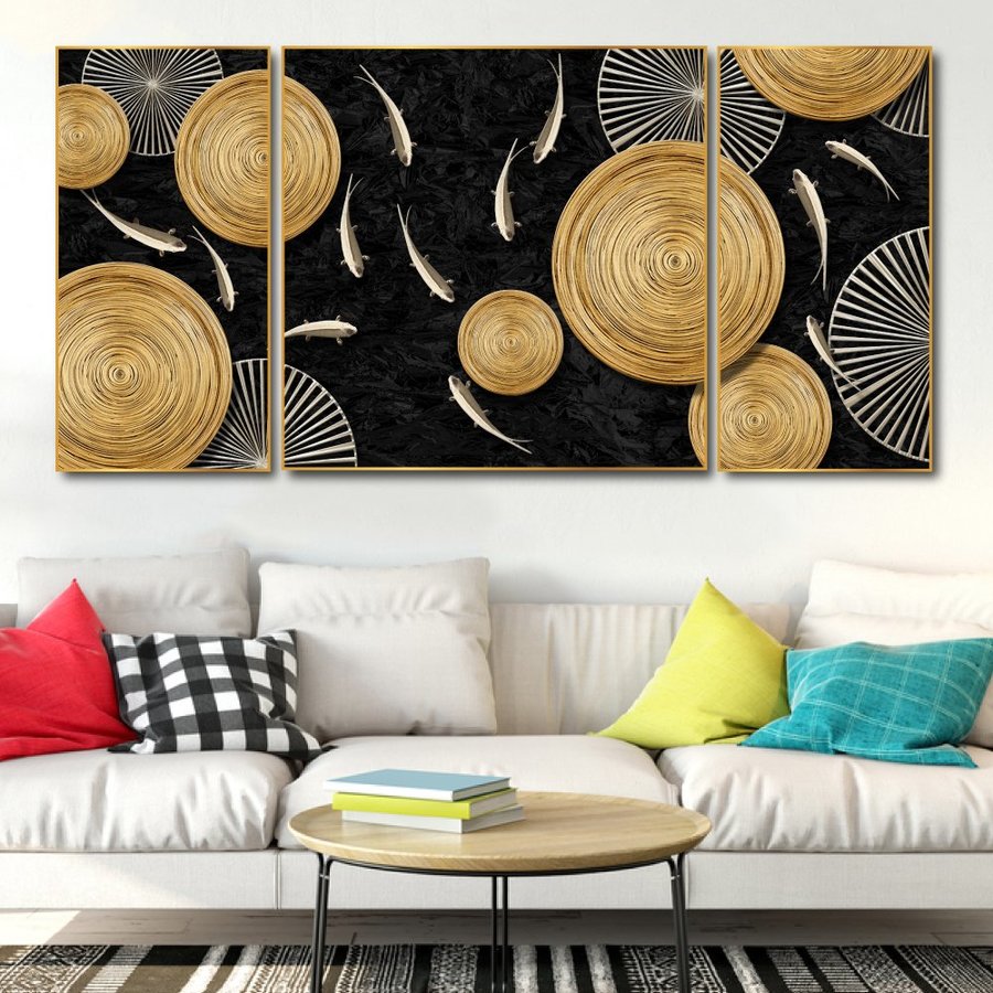 Tranh treo tường đàn cá nghệ thuật ghép 3 tấm