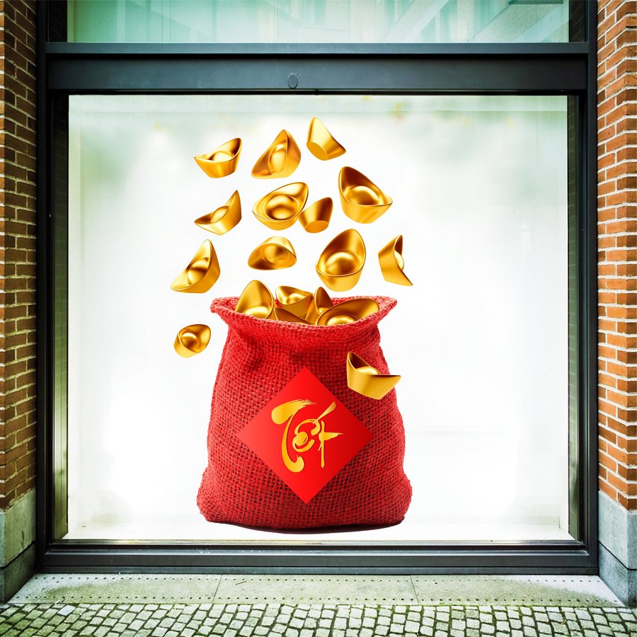 Decal trang trí tết túi tiền vàng phát tài