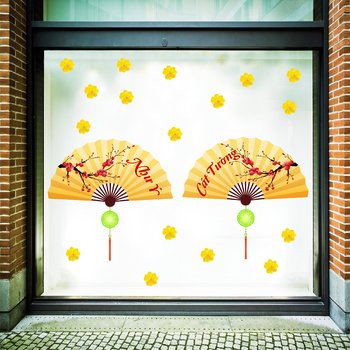 Decal trang trí tết quạt như ý vàng 2
