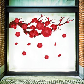 Decal trang trí tết hoa đào hồng khoe sắc đón xuân sang