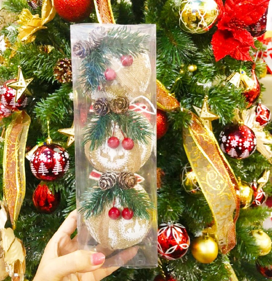 Trang trí noel Hộp 3 quả châu lá thông
