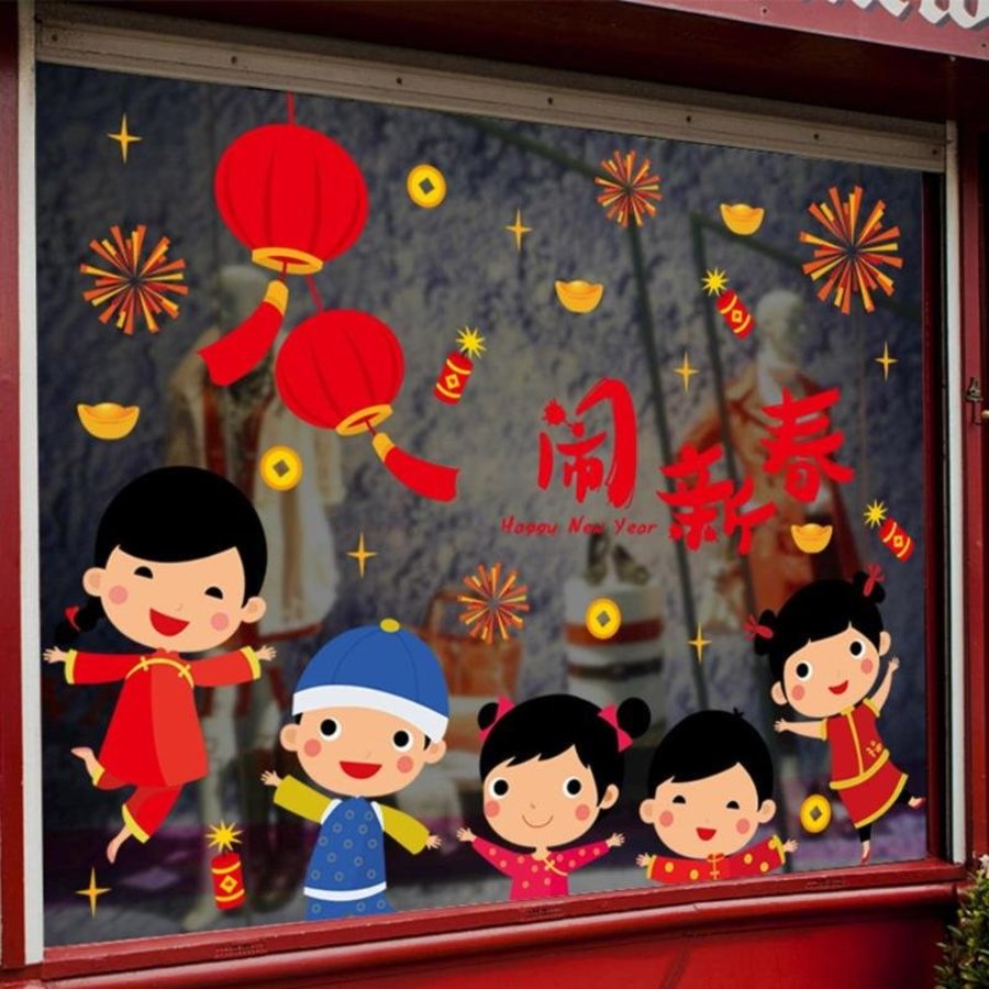 Decal trang trí tết bé và lồng đèn đỏ