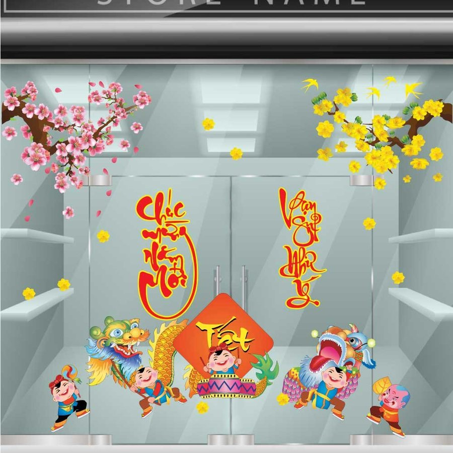 combo decal trang trí tết bé múa lân đón xuân