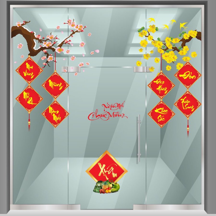 Combo decal trang trí tết Mai đào câu đối đỏ đón xuân (HN)