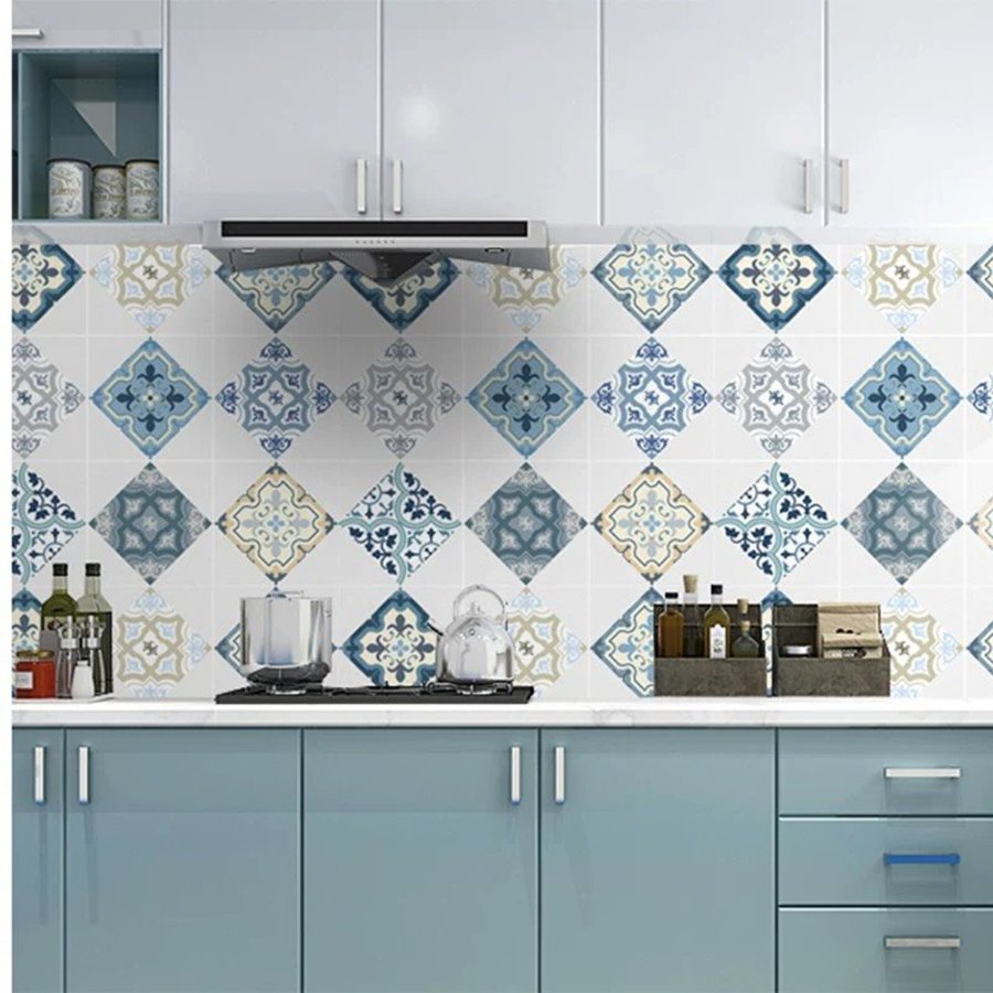 Decal dán bếp hoa văn xanh