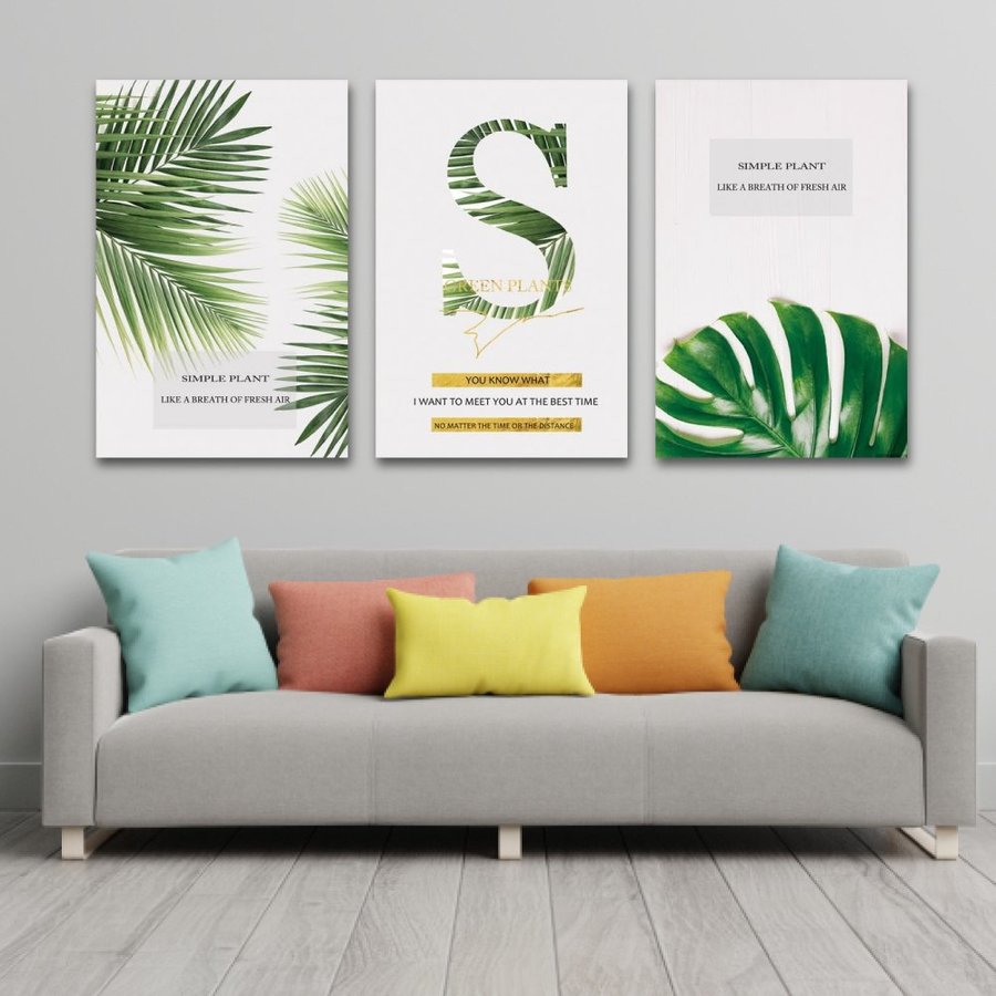 Tranh Treo Tường Bộ 3 Tấm Lá Xanh Nhiệt Đới Tươi Mát