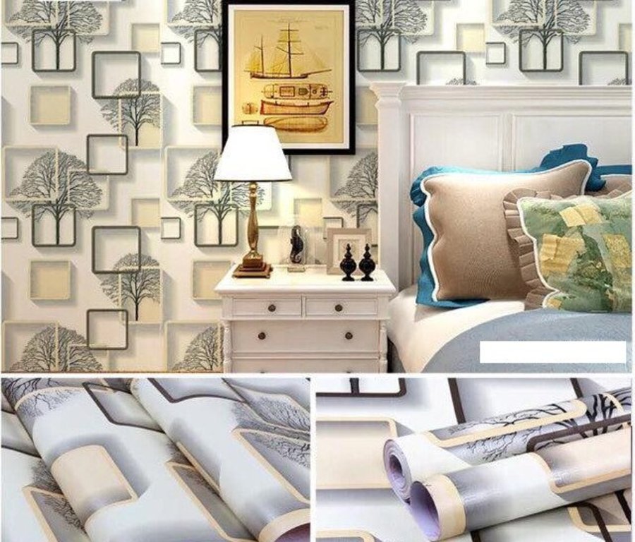 10m Giấy Dán Tường Cây Ô Vuông Màu Nâu