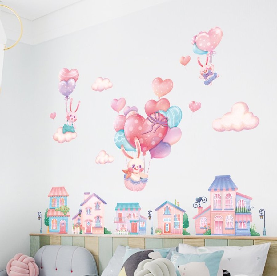 Decal thành phố và khí cầu thỏ hồng