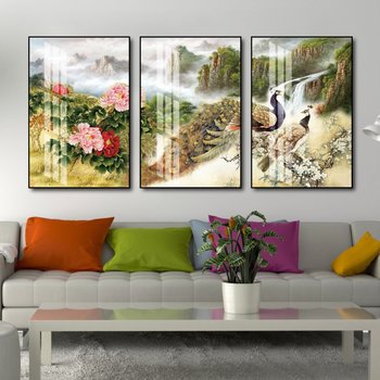 Tranh treo tường chim công và hoa mẫu đơn