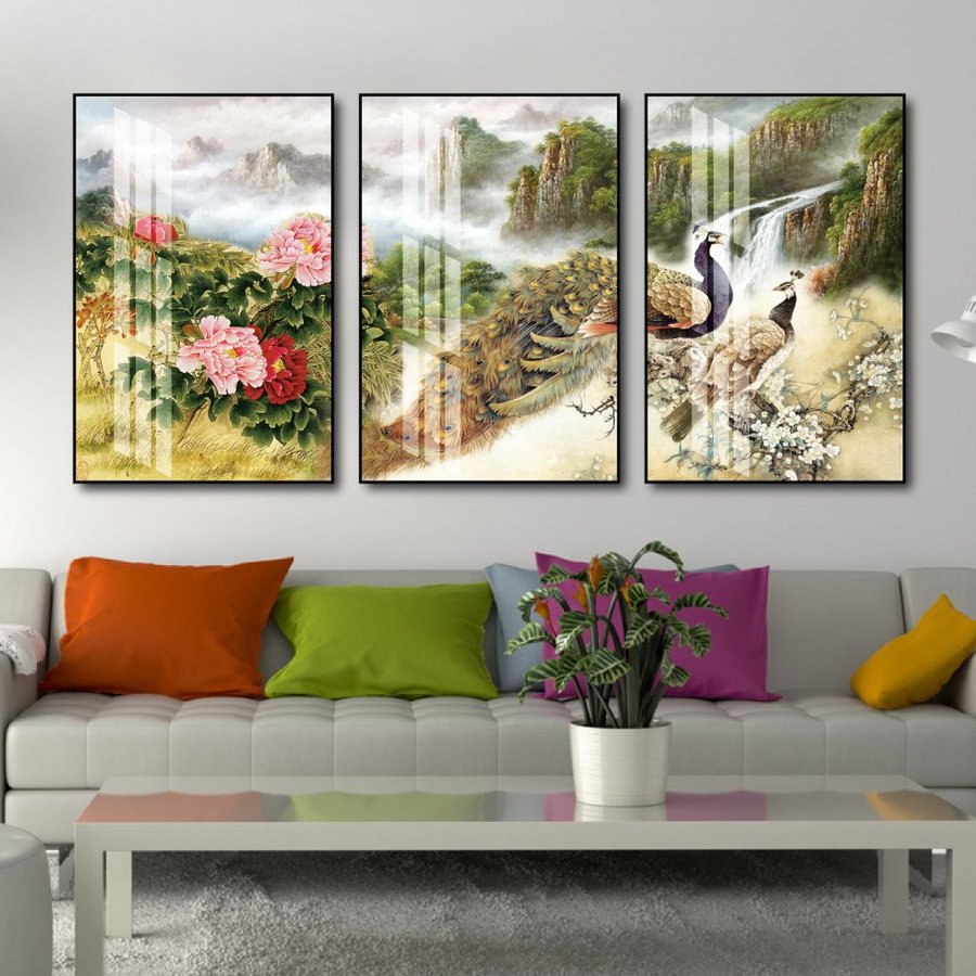 Tranh treo tường chim công và hoa mẫu đơn