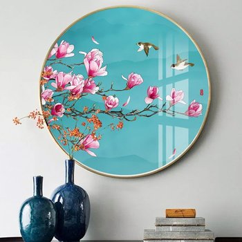 Tranh Tròn Tráng Gương Hoa Đào Và Chim Hỷ Tước