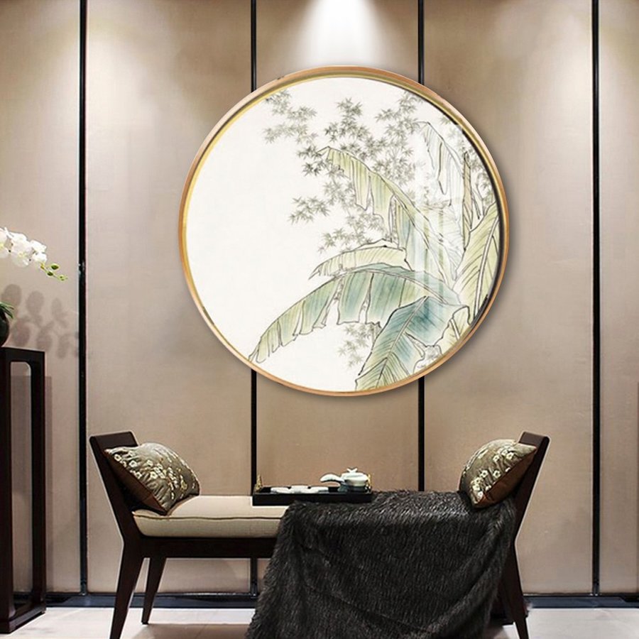 Tranh Tròn Tráng Gương Lá Xanh Nghệ Thuật