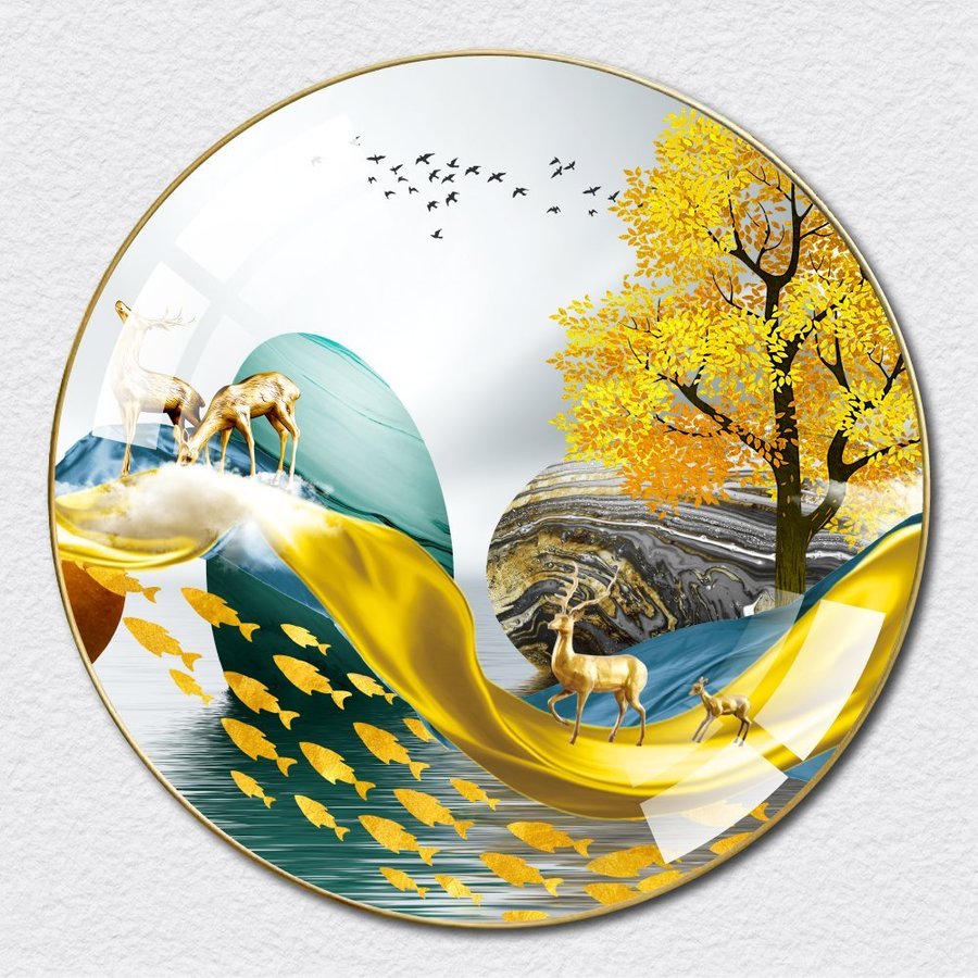 Tranh Tròn Tráng Gương Hươu Vàng Cá Chép